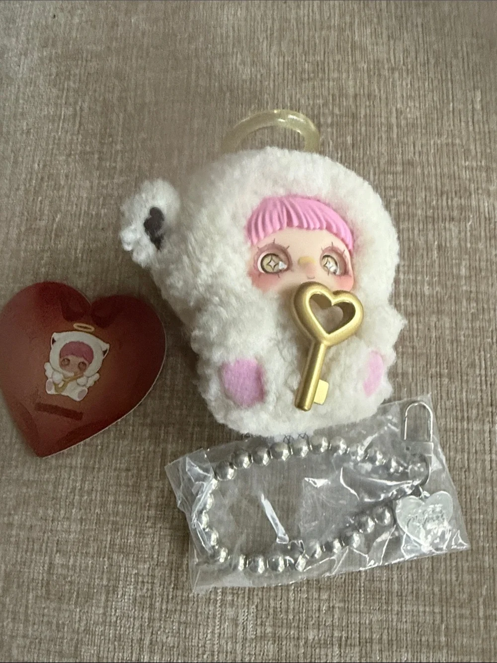 May I love you Cute Plush Angel Keychain with Pink Hair and Gold Heart Key